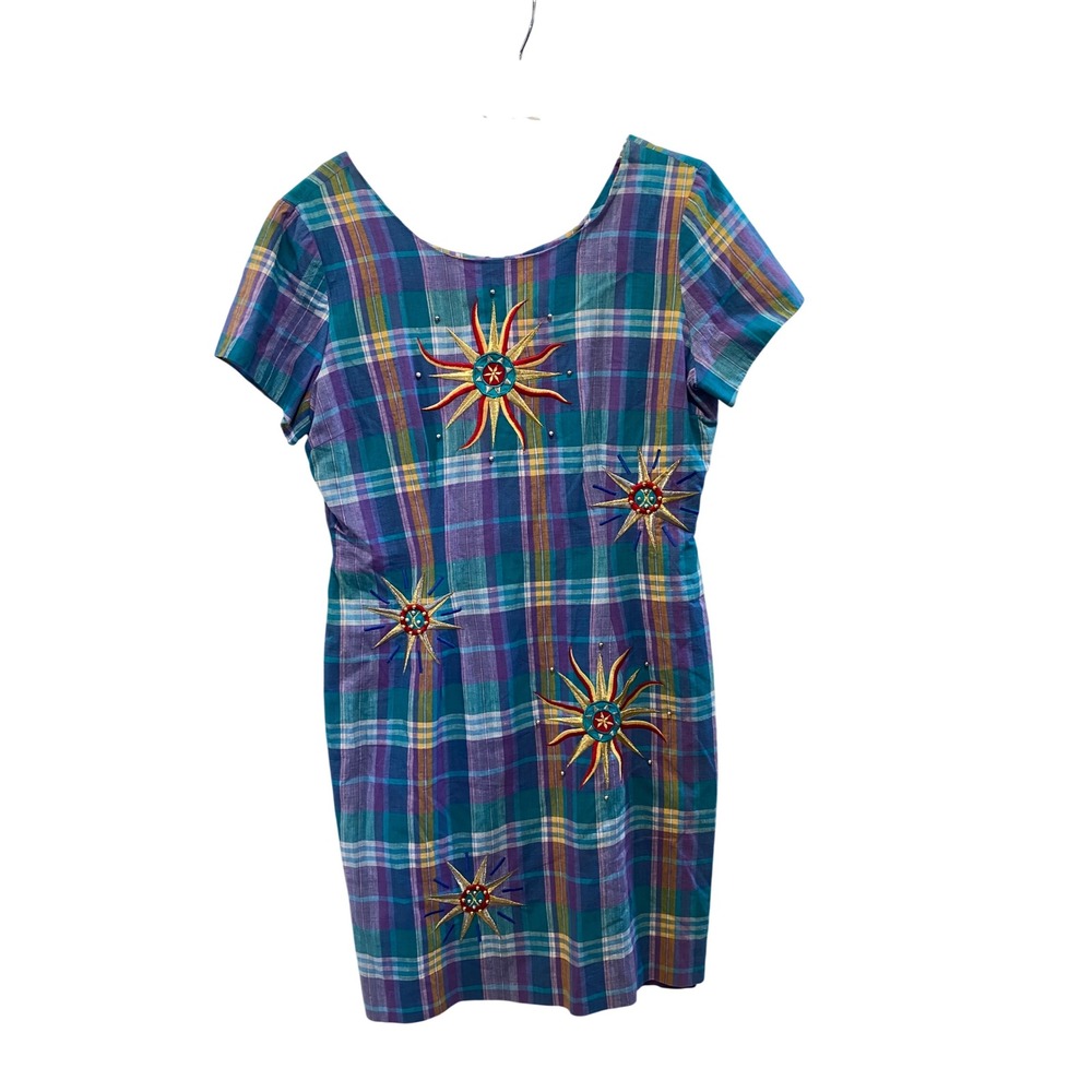 Adam Douglass Adrianna Papell‎ Vintage Plaid Sunburst Embroidered Dress Teal 12